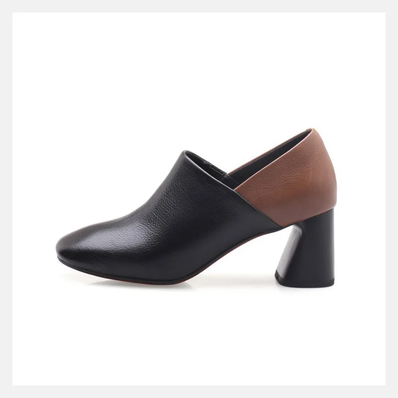 

Spring and autumn new leather women's shoes square head with high heels color matching two ways of wearing single shoes women