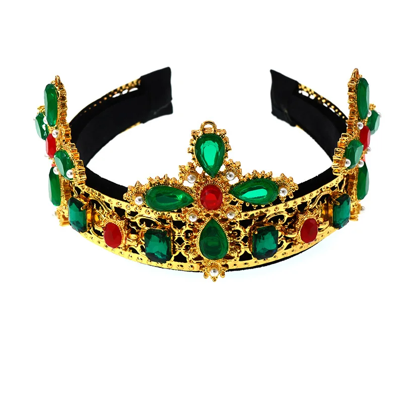 

Baroque Jewel Diamond Embellished Designer Crown Statement Crystal Rhinestone Headband Fascinator Black Green Hair Accessories