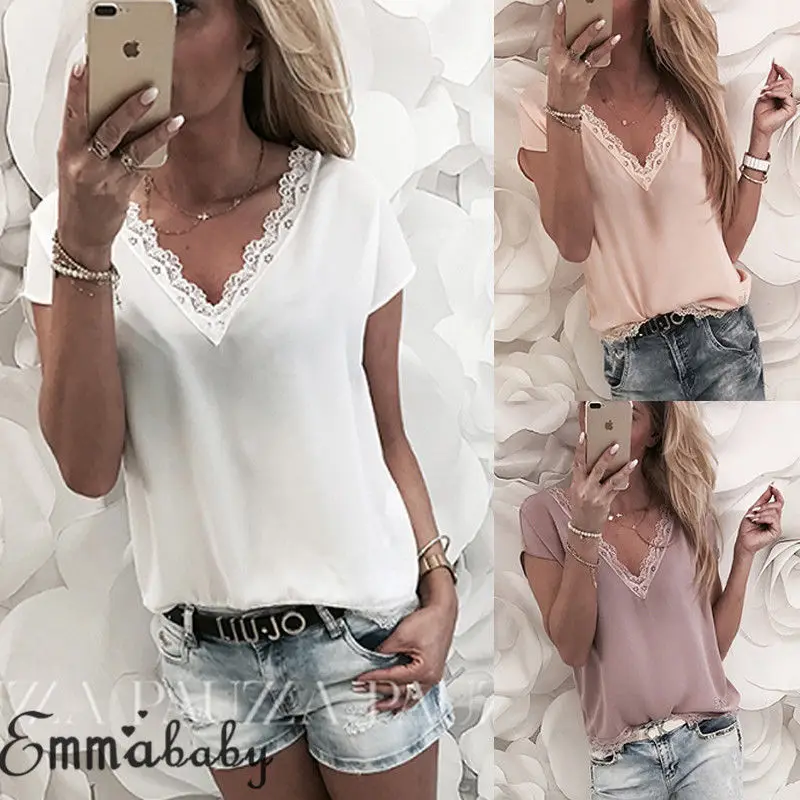

Women Short Sleeve T-Shirts Ladies Summer Casual V Neck Lace Loose Tops T Shirts New Fashion Women Clothes 6-14