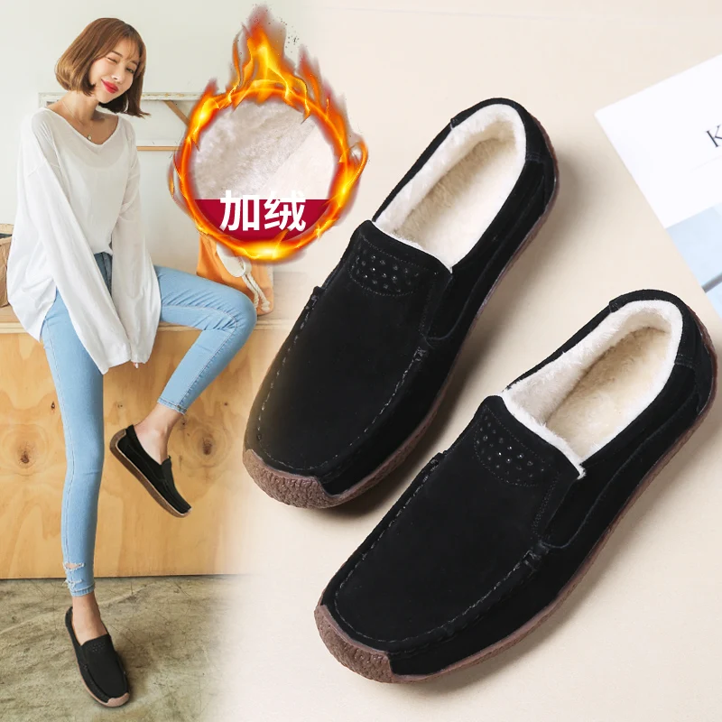 

Large Size Women Flat Shoes Size 35-43 Ladies Winter Fur Loafers Black Apricot Fashion Casual Flats Slip-On Shoes For Female