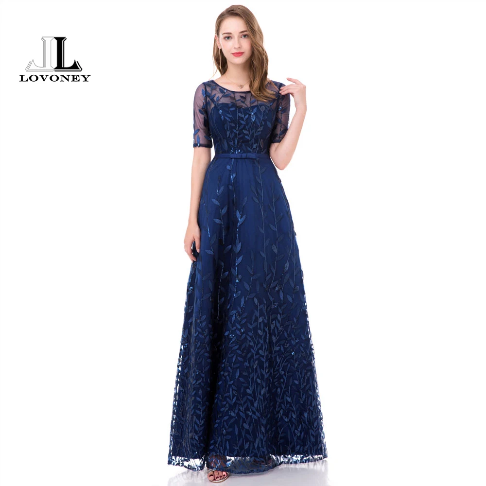LOVONEY Elegant Leaf Pattern Evening Dress Long 2018 New Arrival Half Sleeves Prom Party Dresses Formal Dress Women Gown M212D