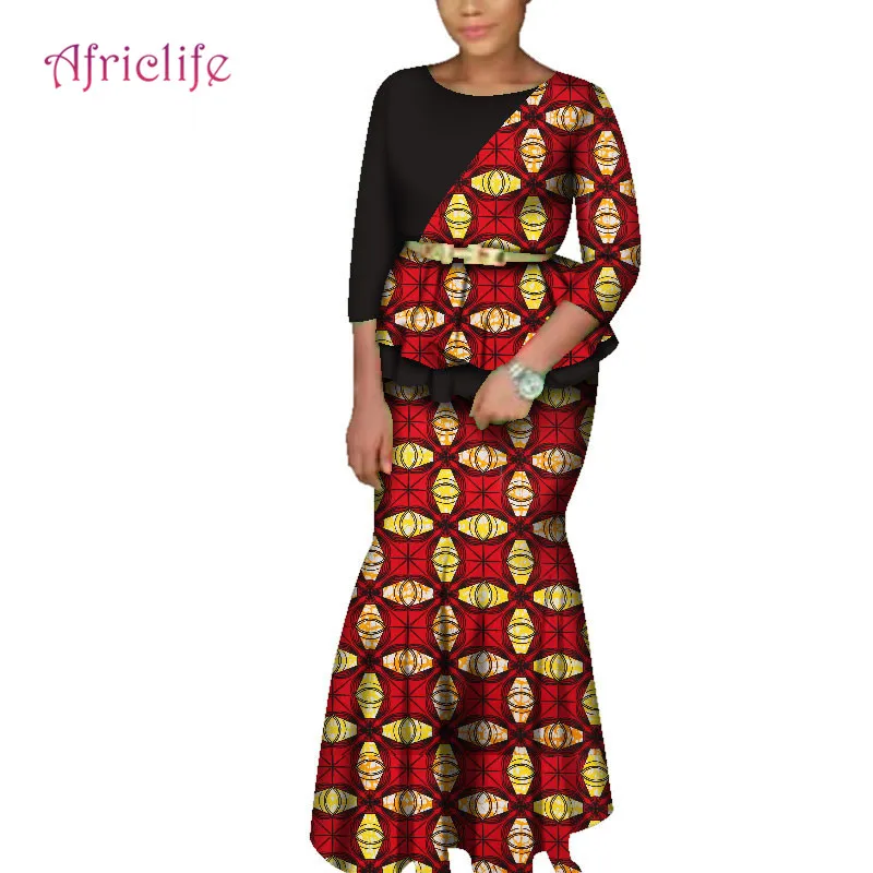 2019 Африка модная одежда 2 шт. юбка комплект для женщин Сращивание Топ + лодыжки длина юбка Женский комплект африканскиое вечерное платье