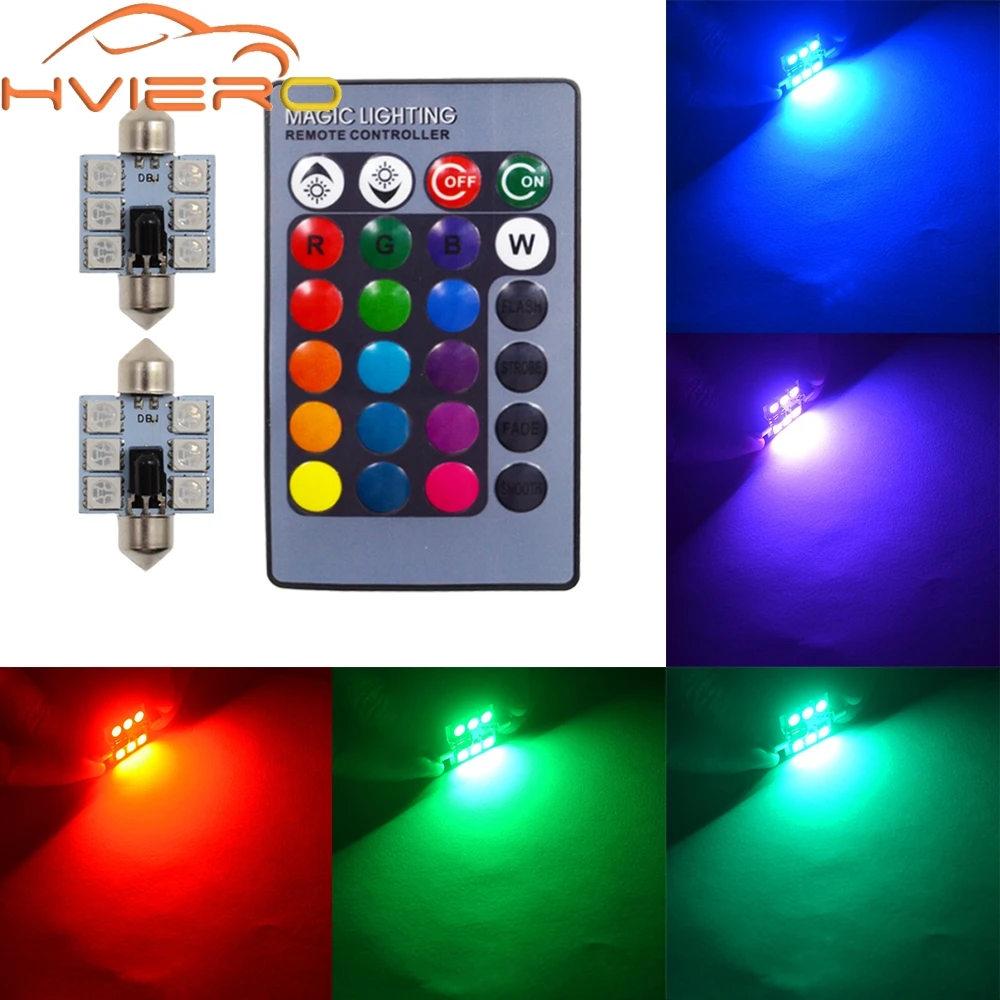 

2pcs RGB 5050 36mm 6SMD Festoon Light c5w Dome Light Car Led Automobile Auto Remote Controlled Colorful Lamp Roof trunk Bulbs