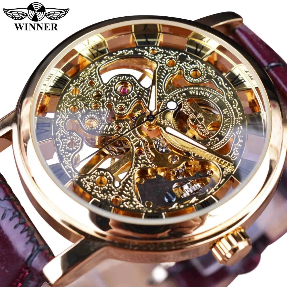 

WINNER Brand Gold Luxury Case Design Casual Leather Strap Brown Men's Mechanical Hollow Watch