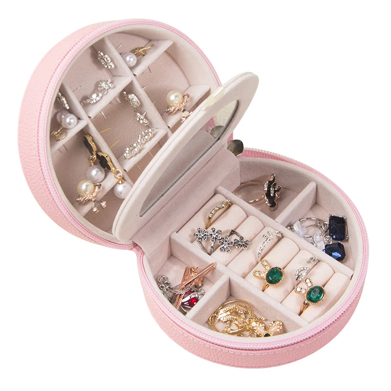 

New PU Leather Jewelry Storage Box For Travel Small Jewelries Earrings Necklace Organizer Zipper Protable Case With Mirror