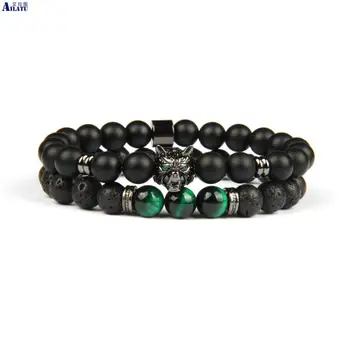 

Ailatu Sets Jewelry Green Eye Wolf Beaded Energy Yoga Bracelet with 8mm Natural Matte Onyx & Lava Tiger Eye Stone Beads