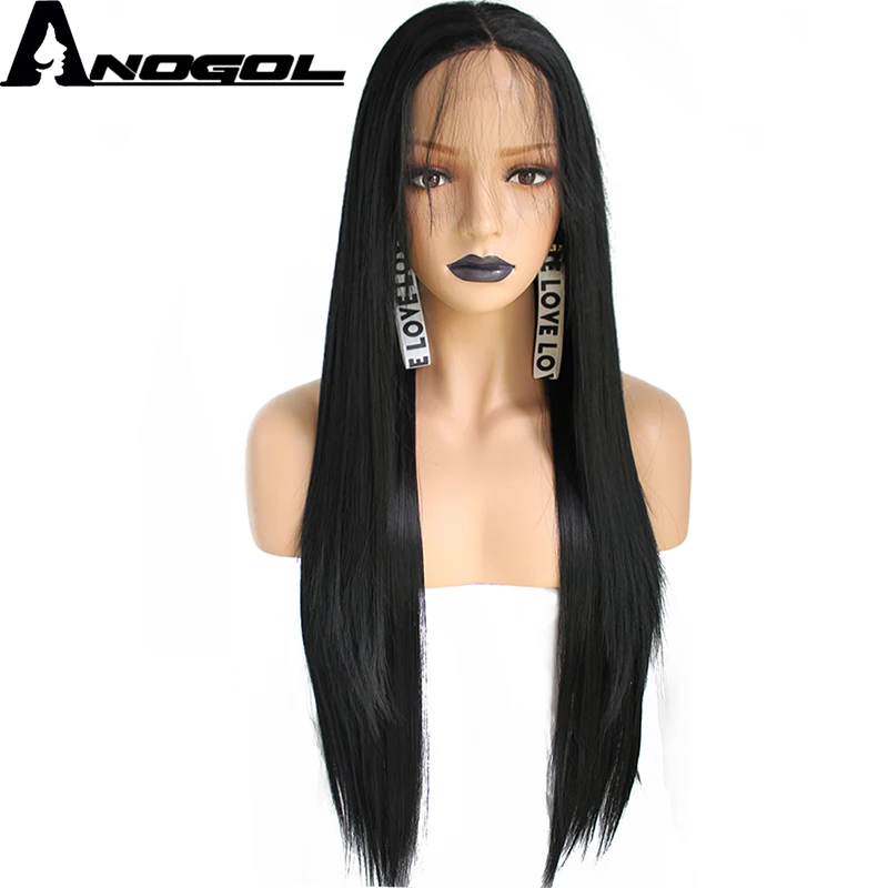 

Anogol High Temperature Fiber None Brazilian Human Hair Wigs 360 Frontal Long Straight Black Synthetic Lace Front Wig For Women