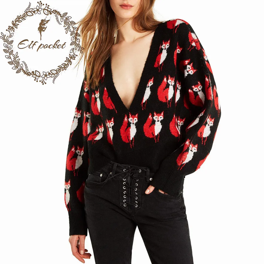 

Women Cartoon Red Fox Print Pullover 2018 Winter V Neck Long Sleeve Loose Short Embroidery Sweaters Ladies Jumpers Sweater X251