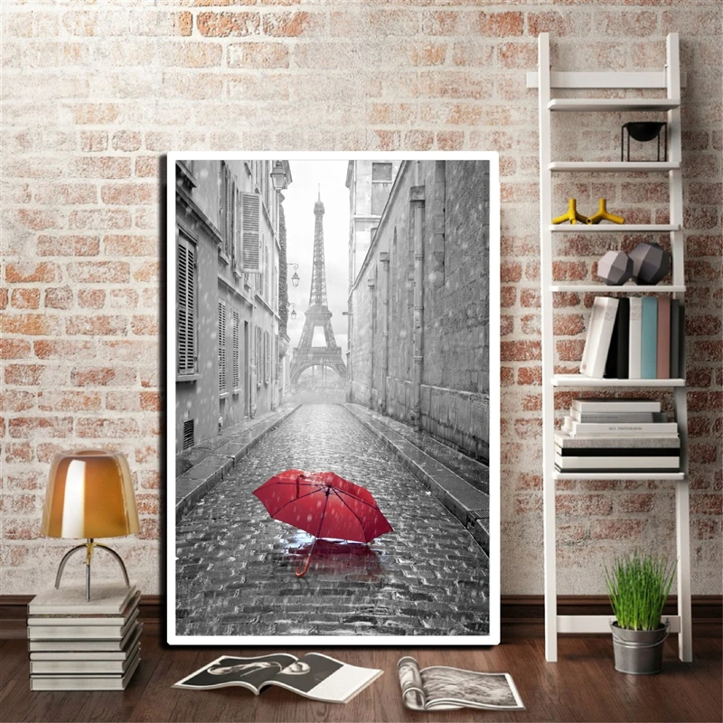 Black and White Eiffel Tower in Paris with Red Umbrella Poster Prints Home Décor