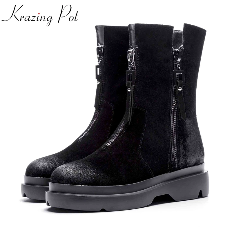 

Krazing Pot new cow suede wedges med heels metal zipper decoration women round toe British school handmade lazy style boots L6f8