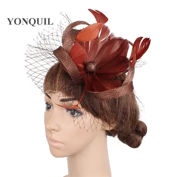 

2019 Fashion chapeau loops hat ladies wedding fascinators brown hair accessories neat feather flowers married headwear MYQ090