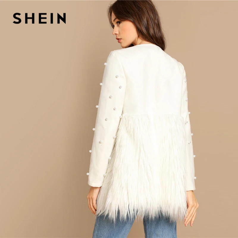 SHEIN Контрастное Пальто С Бусинами И Эко Мехом Стильное Пальто|Куртки| |