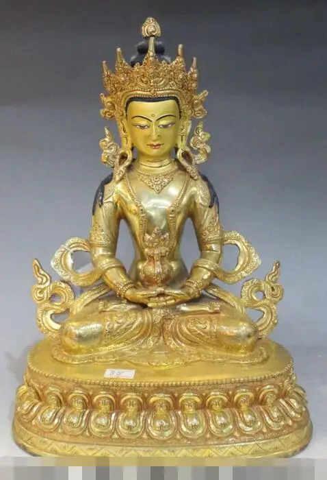 

S00248 13"Tibet Buddhism 100% Bronze 24K Gold Painting longevity Amitayus Buddha Statue