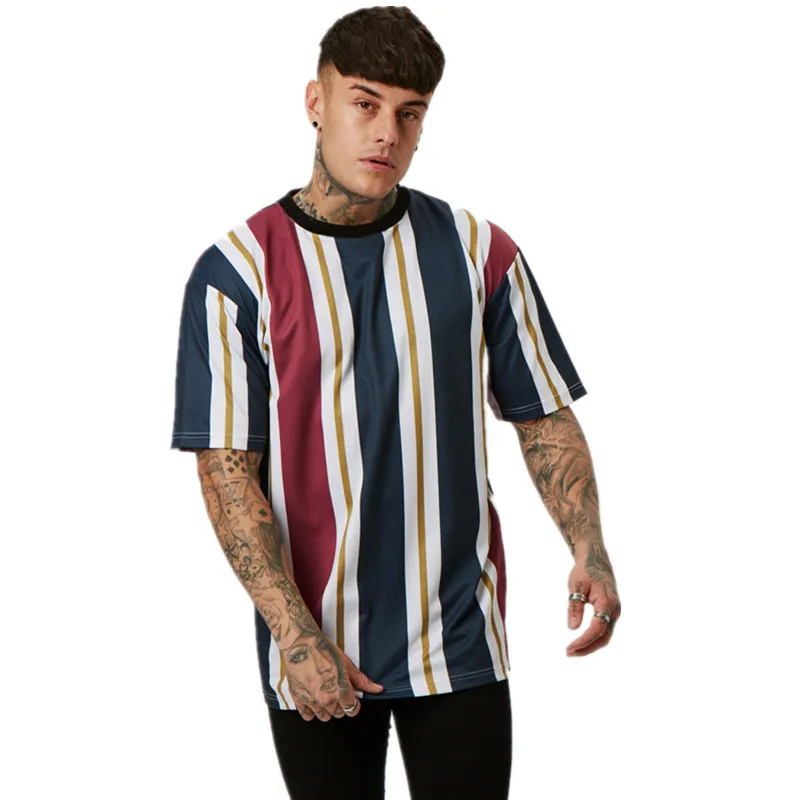 Новинка, Мужская футболка, полосатая рубашка, мужская, повседневная, бодибилдинг, фитнес, хип-хоп, короткий рукав, тройники для тренажерного зала, джоггеры, летняя уличная одежда