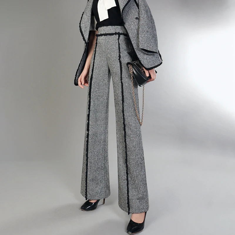 Lanmrem Borla Sueltos Ancha Cintura Yf60702 Cremallera Mujer Alta Moda 2018 Para Patchwork Nueva De Lana Gris Seide Pierna Pantalones rnwROr4q
