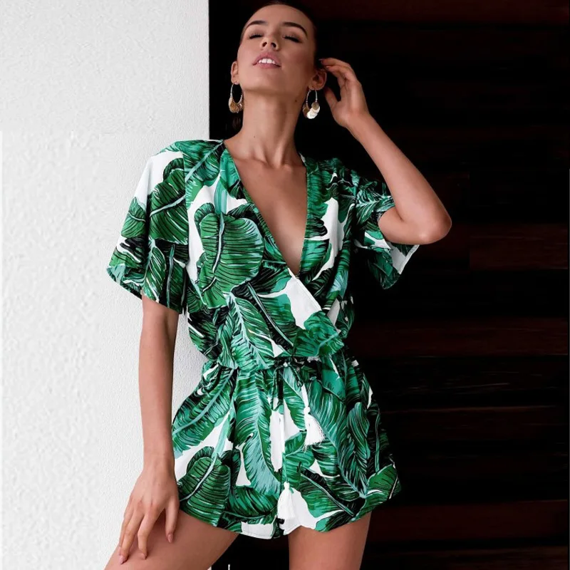 Women Casual V-Neck Leaf Printed sweet elegant Jumpsuit shorts Women Casual V-Neck Leaf Printed sweet elegant Jumpsuit shorts