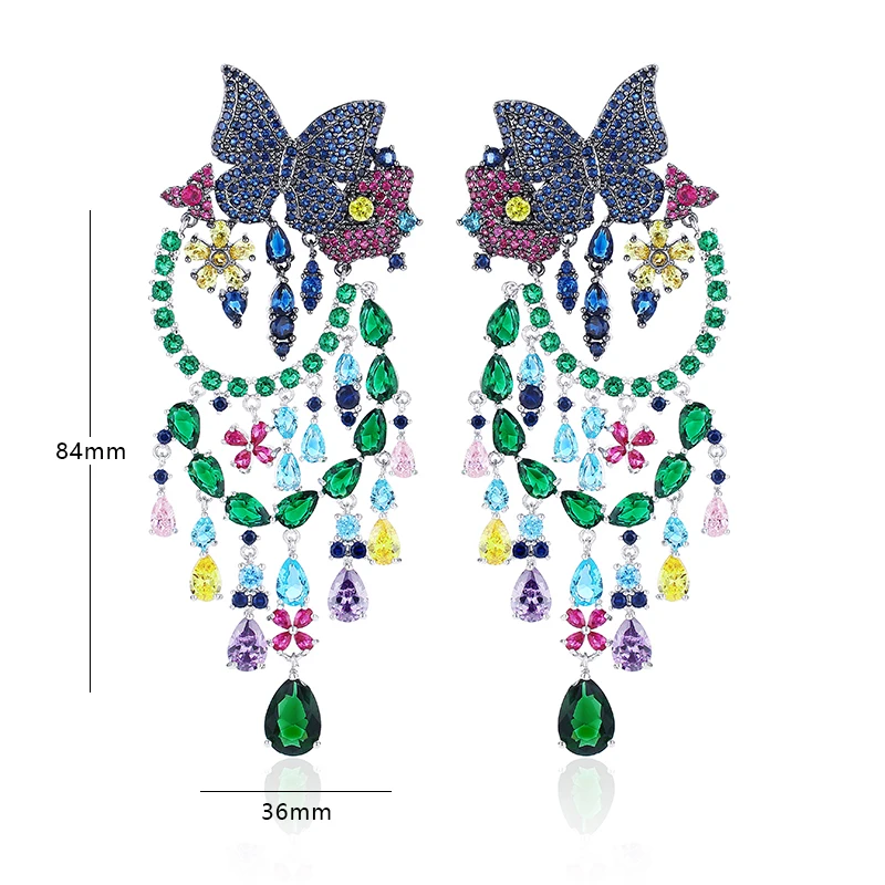 Jankelly Роскошные вечерние ювелирные изделия для женщин Красочные AAA кубического циркония бабочка цветок Кристалл кисточкой большие серьги
