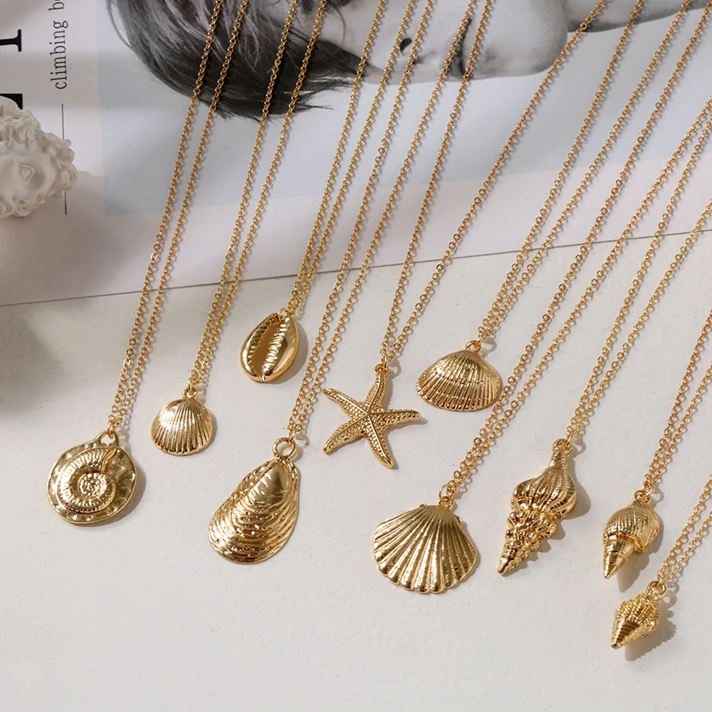 

1pc Pendant Necklace Summer Jewelry Starfish Collar Bohemia Fashion Gold Color Alloy Cowrie Shell Necklace for Women Conch Chain