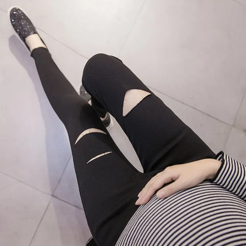 Осенние и зимние для беременных женщин Штаны модные рваные нерегулярные узкие брюки корейский модные брюки