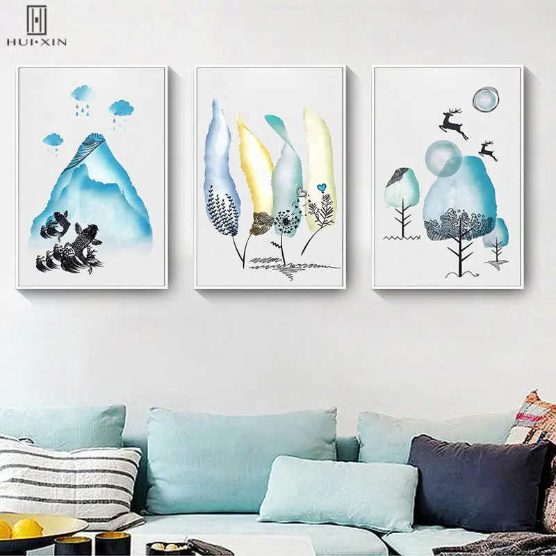 Creative Landscape Blue Mountain Rainy Day Flying Deers Trees HD Unframed Decorative Paintings For Living Room Home Decor