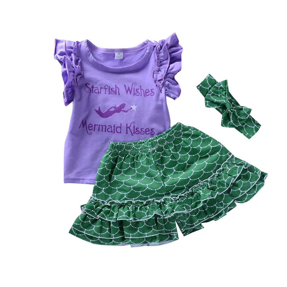 

Baby Girls Clothing Sets Ins Hot Purple Batwing Sleeve Starfish Wishes Tops+Green Pants Headband 3pcs Vogue Kids Clothes Suits