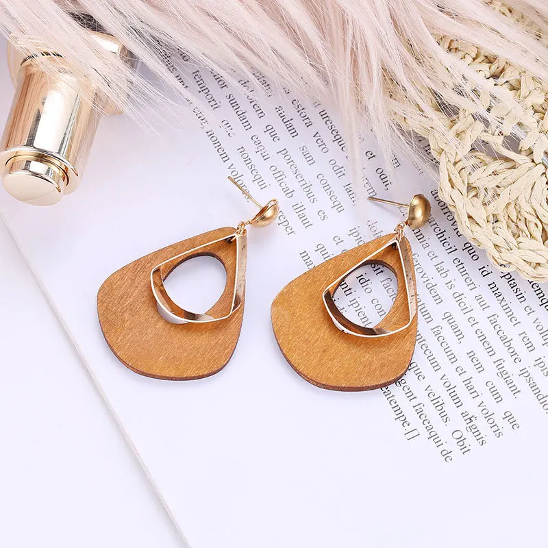 Korean Wooden Drop Earrings Personality Simple Geometric Hollow Water Drop Dangle Brincos EB152 - Image 5