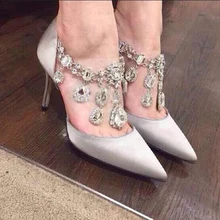 2016 New Thin High Heel Women Shoes Genuine Leather Rhinestone Black Rose White Single Pumps Shallow Opening Wedding 34-39 ZK3.5