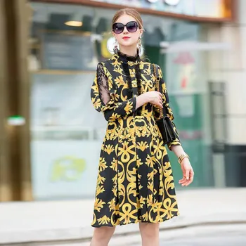 

New 2019 Spring Women's Dress Luxury Printed Mid Long Buttons Ladies Celebrity Evening Party Dresses Lace Patchwork Vestidos Hot
