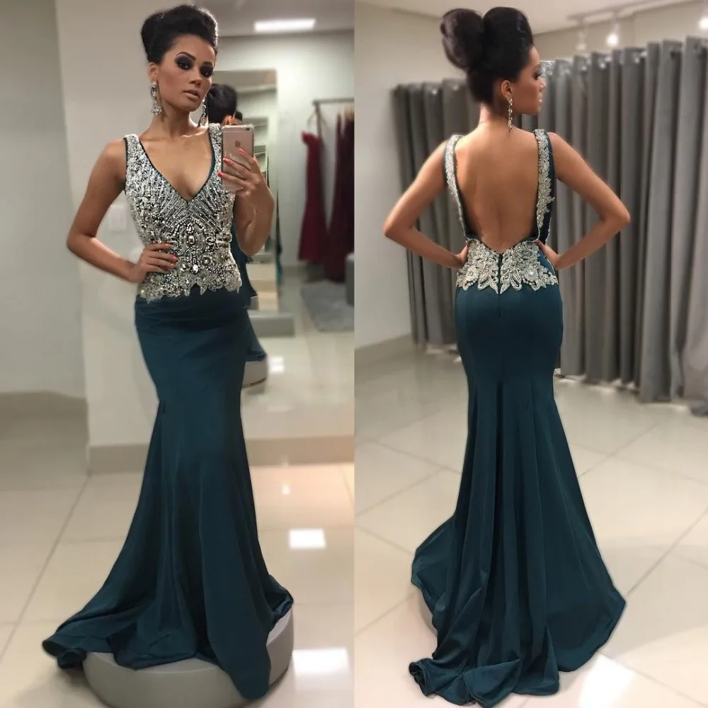 Backless crystal evening dress 2018 mermaid prom dresses 205
