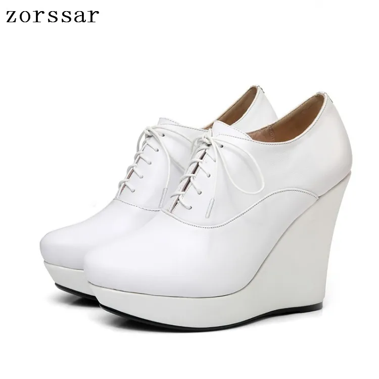 

Zorssar spring autumn Female shoes women platform pumps Cow leather Shallow Lace up Wedges High heels dress shoes