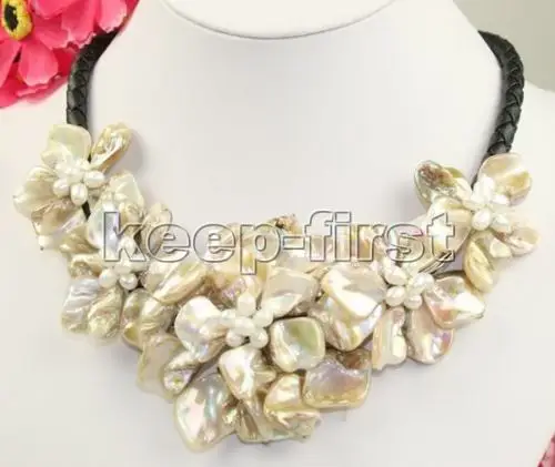 

FREE SHIPPING>>>@@ Mother of Pearl/MOP Shell FW Pearl Flower Necklace 19" @^Noble style Natural Fine jewe S