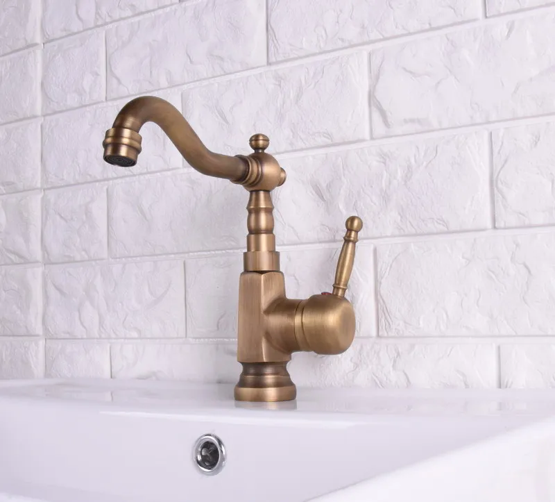 Vintage Antique Brass Single Lever Handle Swivel Spout Bathroom Basin Kitchen Sink Faucet Cold & Hot Mixer Tap asf122