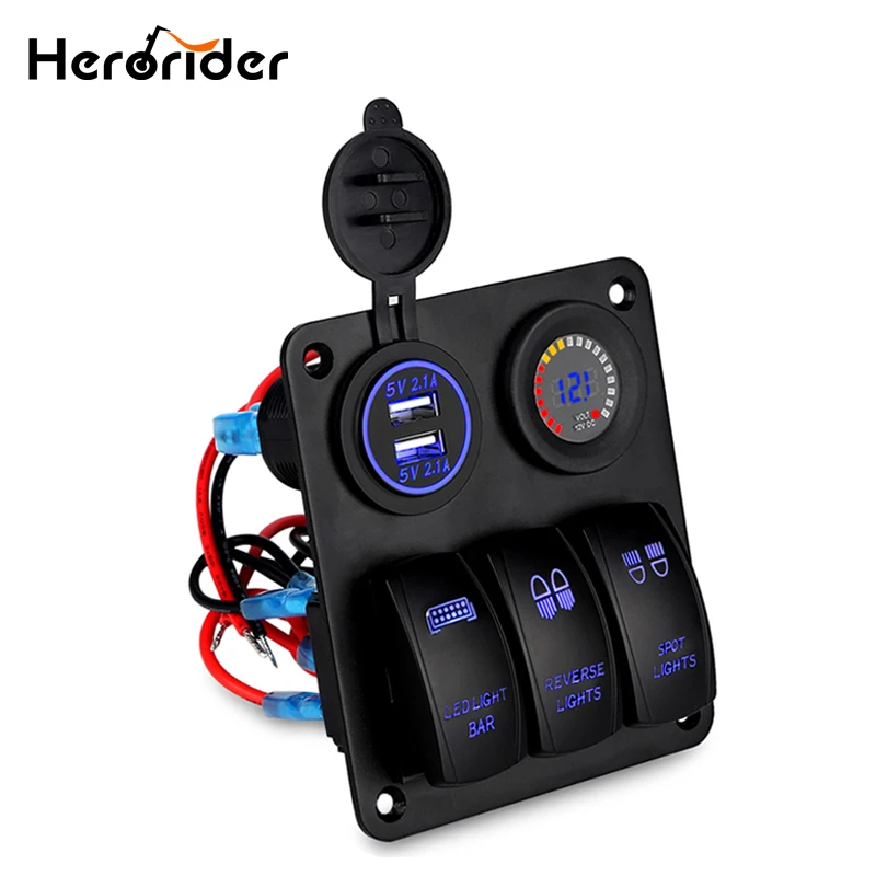 

Herorider Marine Boat Car Switch Panel 3 Gang with Voltmeter Socket Dual USB Charger Car LED light On/Off Rocker Switch Panel