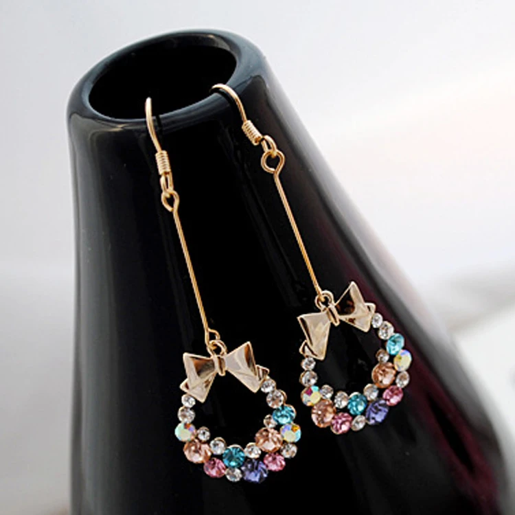 

Womens Elegant Colorful Crystal Rhinestone Bow Bowknot Pendent Dangle Earring Fashion Jewelry Drop Shipping EAR-0148