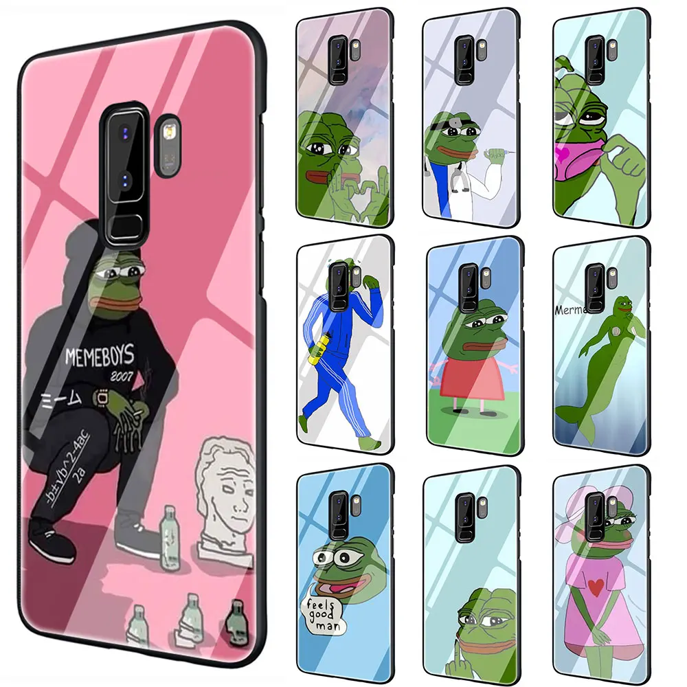Internet Meme Smug Frog Pepe Tempered Glass TPU Black Cover Case for Samsung Galaxy S7 Edge S8 S9 S10 Plus Note 8 9