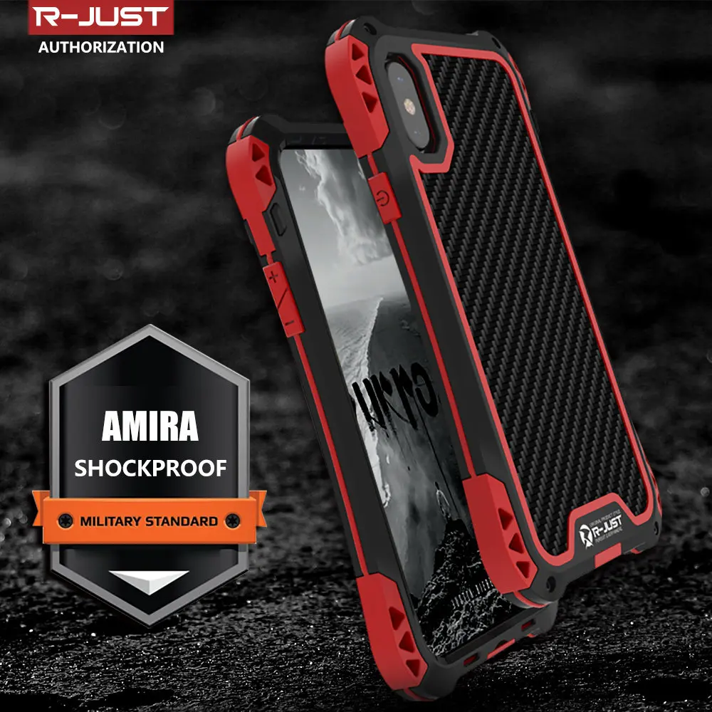 

R-Just Case For iPhone X iPhone 8 Case For iPhone 7 8 Plus Waterproof Aluminum Shockproof Carbon fiber Case 6 6s plus 5 5s se