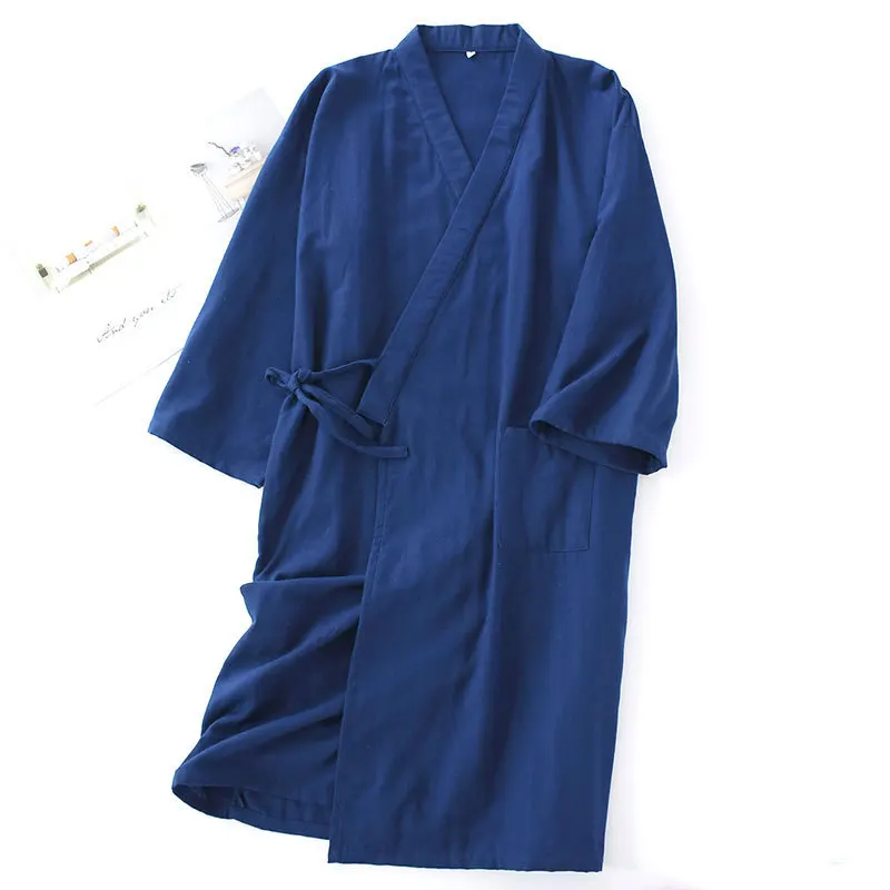 Japanese Style Men Kimono Bathrobe Gowns Navy Blue Cotton Home Clothing Loose Male Long Sleeve Robes Sleepwear Casual Nightwear