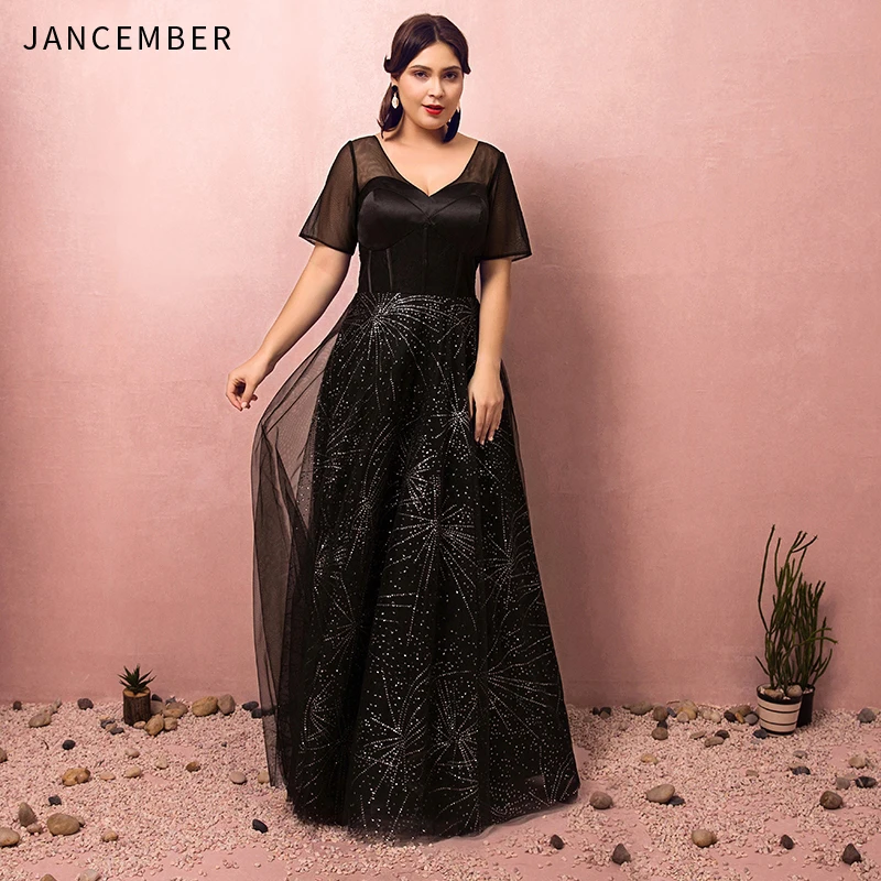 

JANCEMBER Plus Size Evening Dresses Illusion Short Sleeve V-Neck Backless Lace Up Back Sequins Pattern Floor Length evening gown