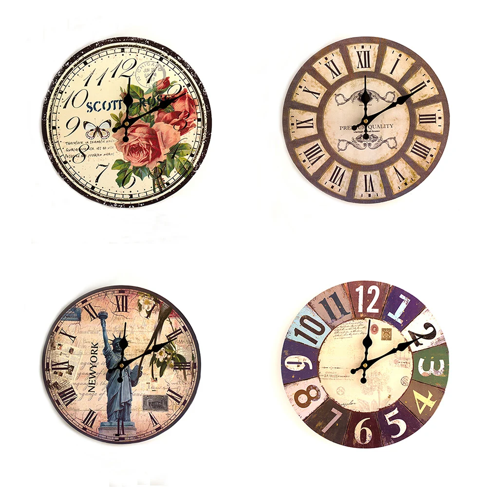 

Hot 21 Types Wooden Wall Clock Artistic Silent Retro Creative European Style Round Colorful Vintage Rustic Decorative Antique