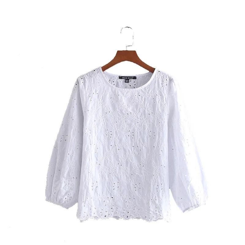 

CS915 Euro Design O Neck Hollow Out Embroidery Weave Edge Long Sleeve White Blouse Women's Elegant Shirts Tops