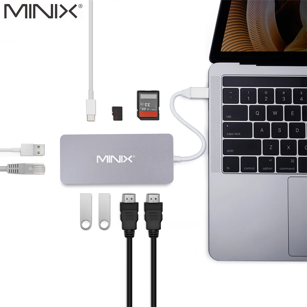 MINIX USB-C Hub adaptador multipuerto con salida Dual HDMI Adaptador 4 K 3 USB 3,0 Gigabit Ethernet USB-C carga para apple MacBook - 1