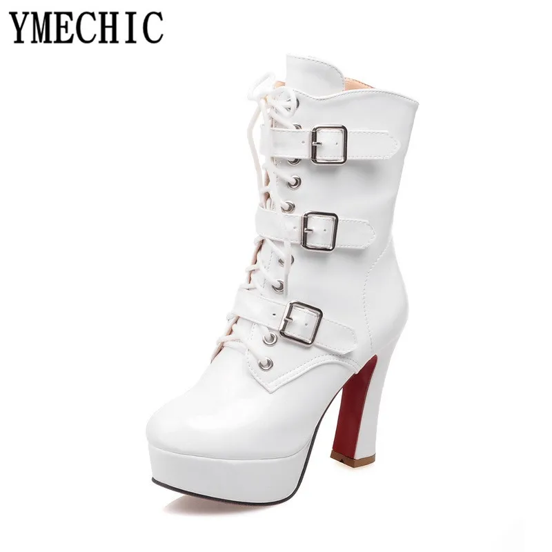 YMECHIC Pu Patent Leather Buckle Strap Lace Up High Heel Motorcycle Boots Women Winter Platform Ladies Goth Shoes Plus Size - Цвет: Белый