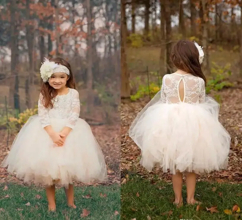 

White Flower Girl Dresses for Weddings Lace Long Sleeve Girls Pageant Dresses First Communion Dress Little Girls Prom Ball Gown