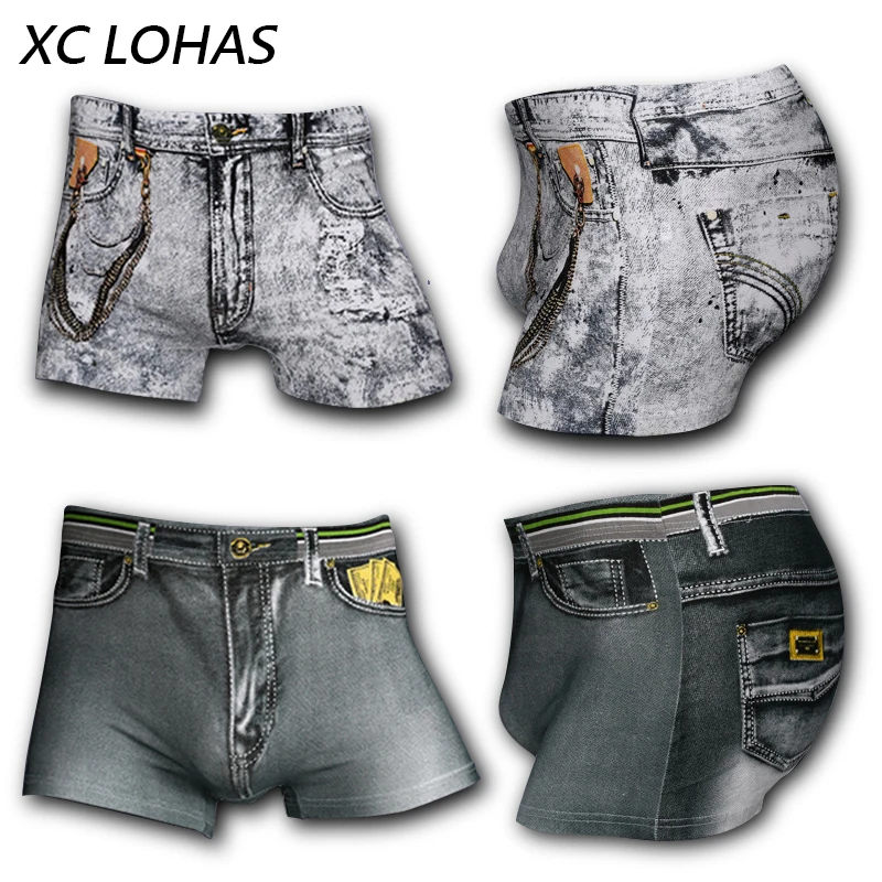 4Pcs/set New Cotton Jeans Men Boxers Underwear Sexy U convex 3D Print