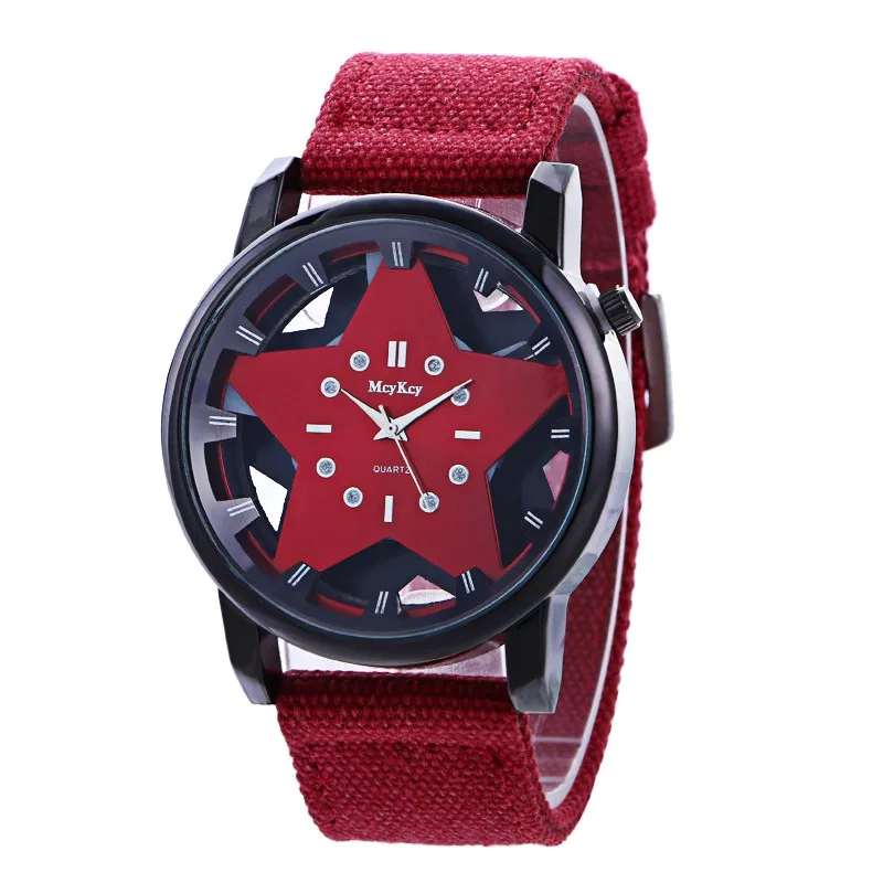 Мужские часы, новинка, известный бренд, повседневные кварцевые часы для женщин, пятиконечная звезда, холст, ремешок, наручные часы, Relogios Feminino, горячая Распродажа, красный