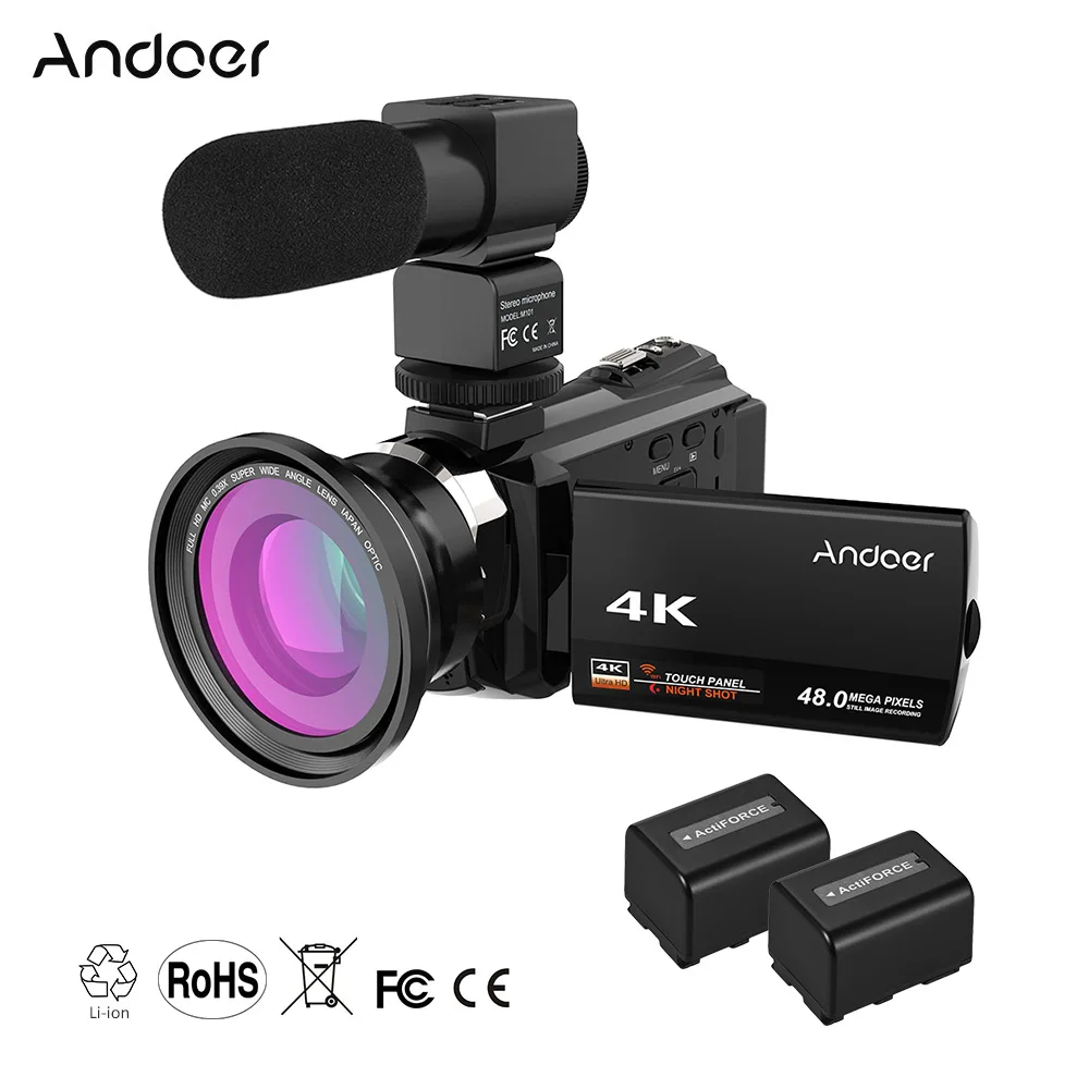 Andoer 4K 1080P 48MP WiFi цифровая видеокамера регистратор с 2 шт. аккумуляторами + 0.39X