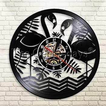 

1Piece Two Flamingo Birds Wild Animals Circle Vinyl Wall Clock Art Home Decor Interior Design Vinyl Record Decorative Clock