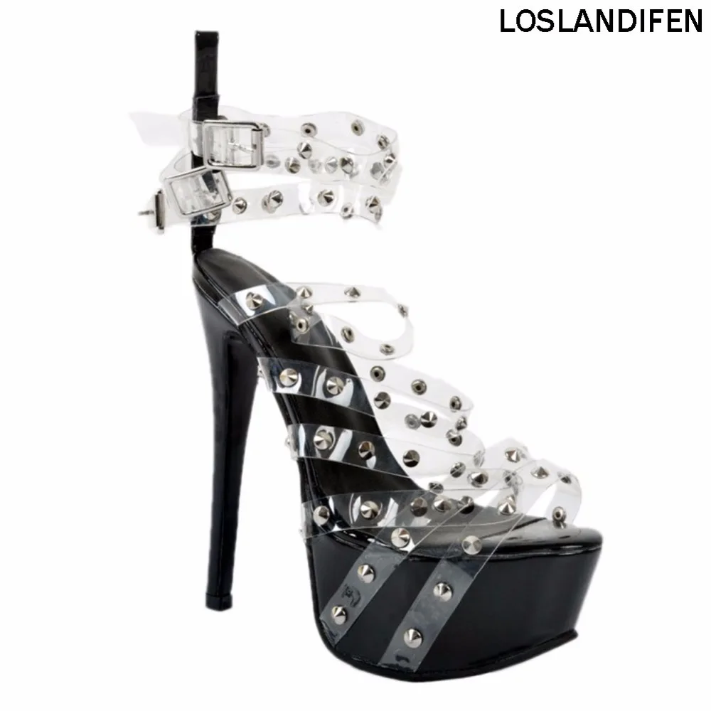 

Womens Fashion PVC Leather Stud Rivet Buckle Open Toe Stiletto High Heel Dress Pumps Sexy Shoes XD254