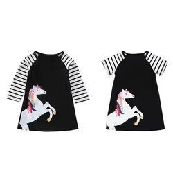 Платья для маленьких девочек Детские платье принцессы Дети Повседневное мультфильм лошадь печати черный в полоску длинные короткий рукав