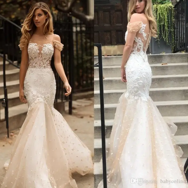 2019 Sexy Summer Ivory Lace Backless Wedding Dress Mermaid Off Shoulder Sweep Train Vestios De Novia Bridal Gowns | Свадьбы и